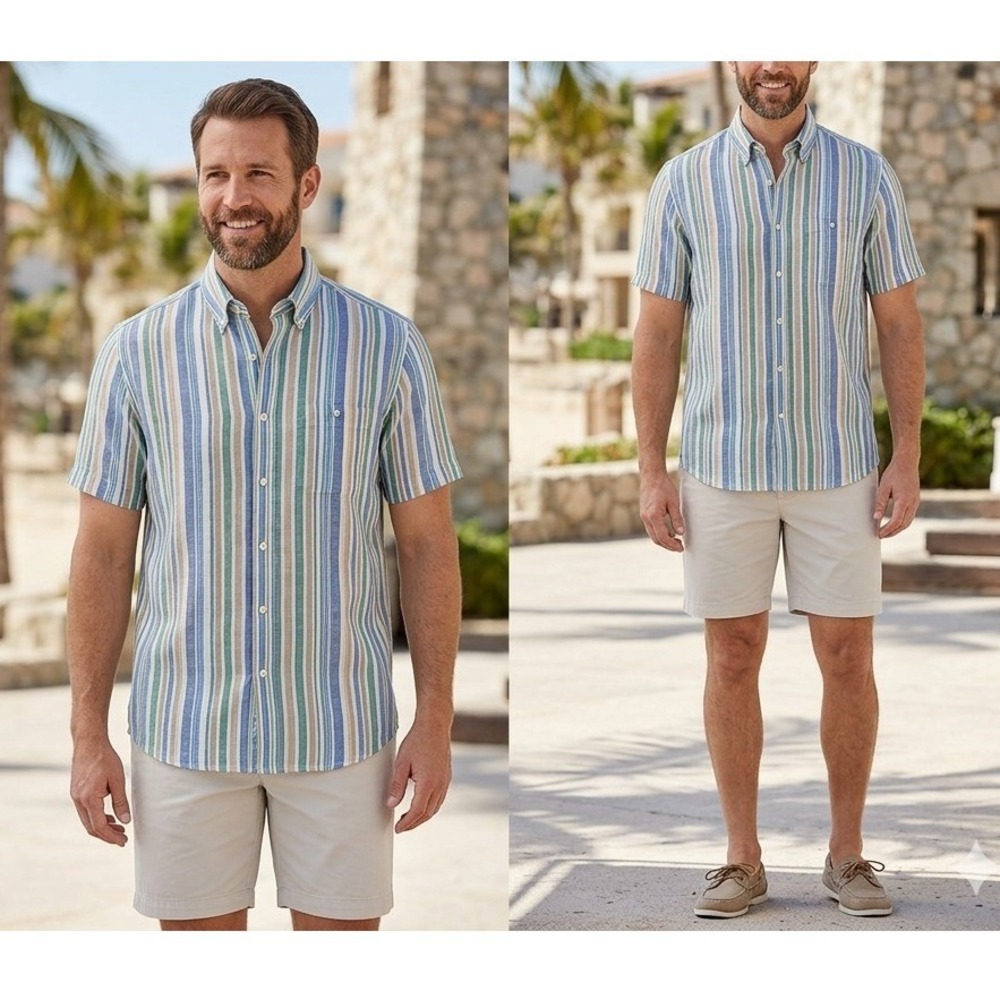 Jos. A. Bank Mens XL Linen Short Sleeve Button Down Shirt Striped Traveler's Col